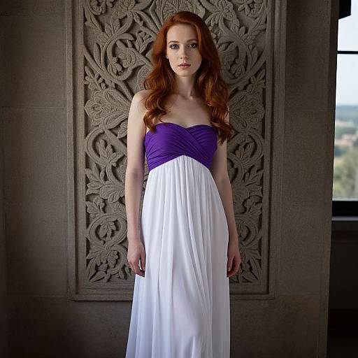 Red-Haired Woman in Purple and White Strapless Dress by Carved Stone Wall