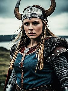 Woman in Viking Warrior Costume with Horned Helmet and Fur Cloak Cinematic Realism Photo