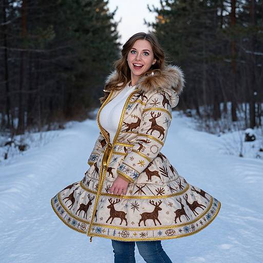 Woman in Elegant Reindeer Pattern Winter Coat on Snowy Forest Path