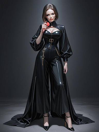 Fashion Woman in Sleek Black Glossy Jumpsuit with Batwing Sleeves