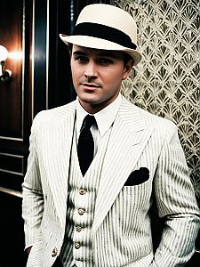 Man in 1920s Gatsby Party Costume White Pinstripe Suit and Fedora