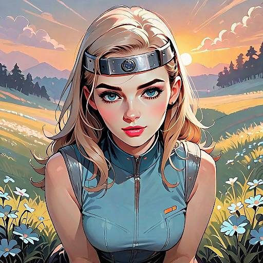 Digital Illustration of Blonde Woman in Futuristic Outfit at Sunset Landscape