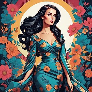 Confident Woman in Teal Dress with Floral Background