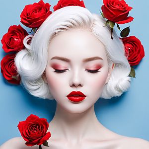 Elegant Woman with Platinum Blonde Hair and Red Roses