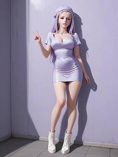 Contemporary Chic Woman in Fitted Lilac Mini Dress with Beret and Boots