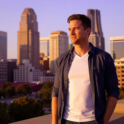 Young Man on Rooftop with Urban Skyline at Golden Hour