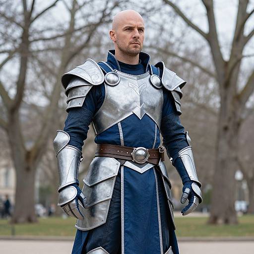 Man in Medieval Silver Armor Costume Outdoors