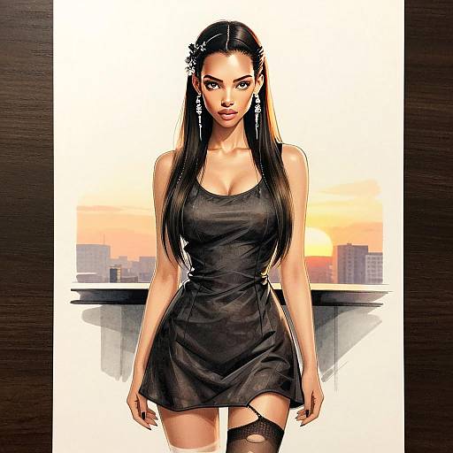 Stylish Woman in Black Dress at Sunset Cityscape Digital Art