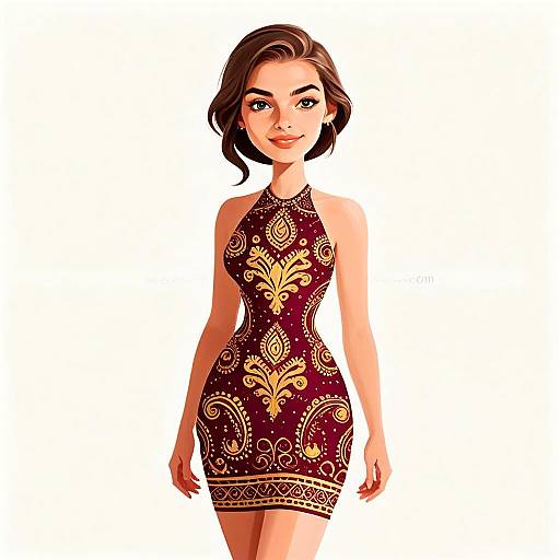 Woman in Bohemian Chic Dress with Intricate Gold Pattern Smiling