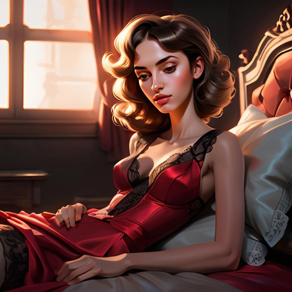 Elegant Woman in Red Lace Dress Reclining on Vintage Bed Digital Art