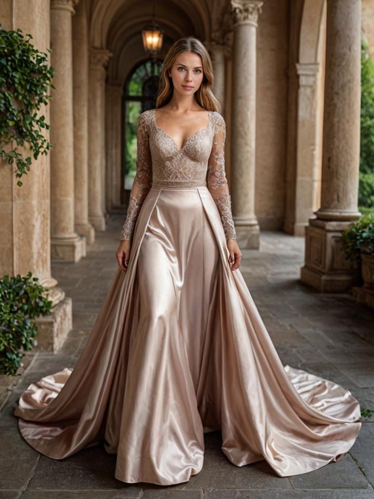 Elegant Woman in Satin Gown in Grand Corridor