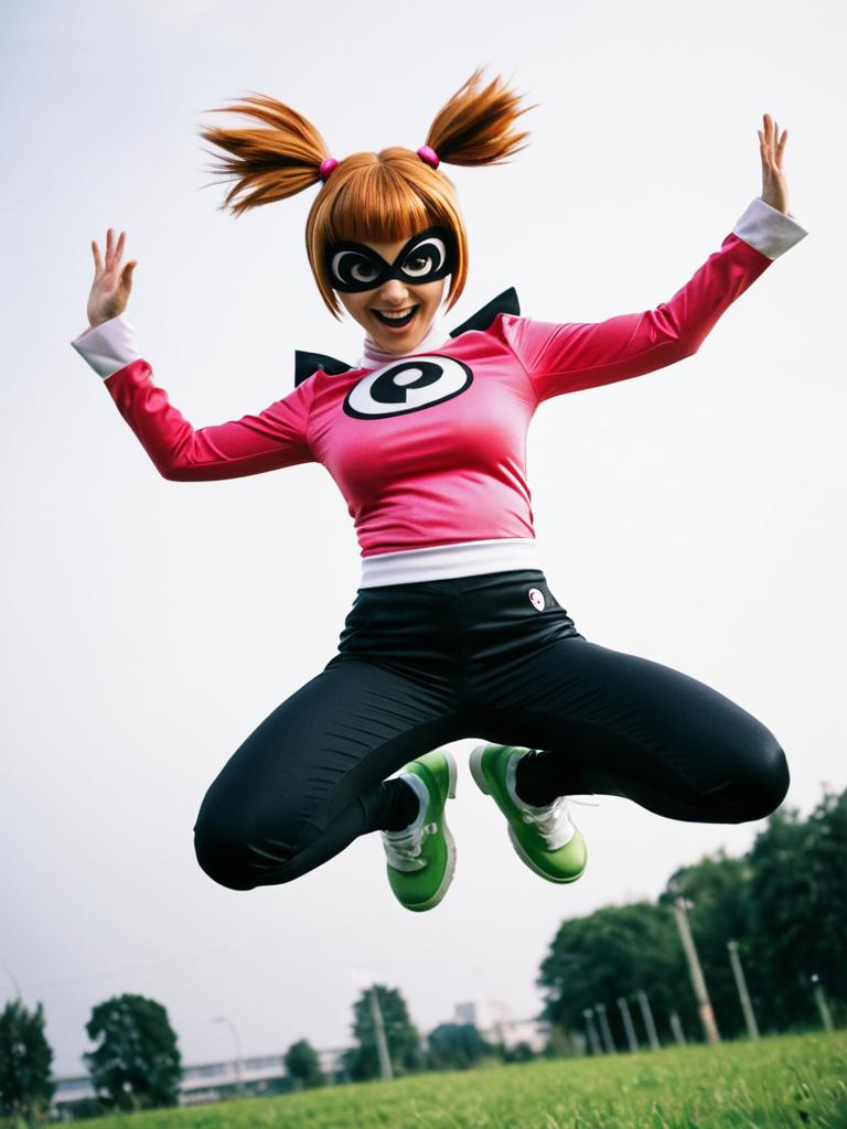 Woman in Pink and Black Costume Jumping Outdoors