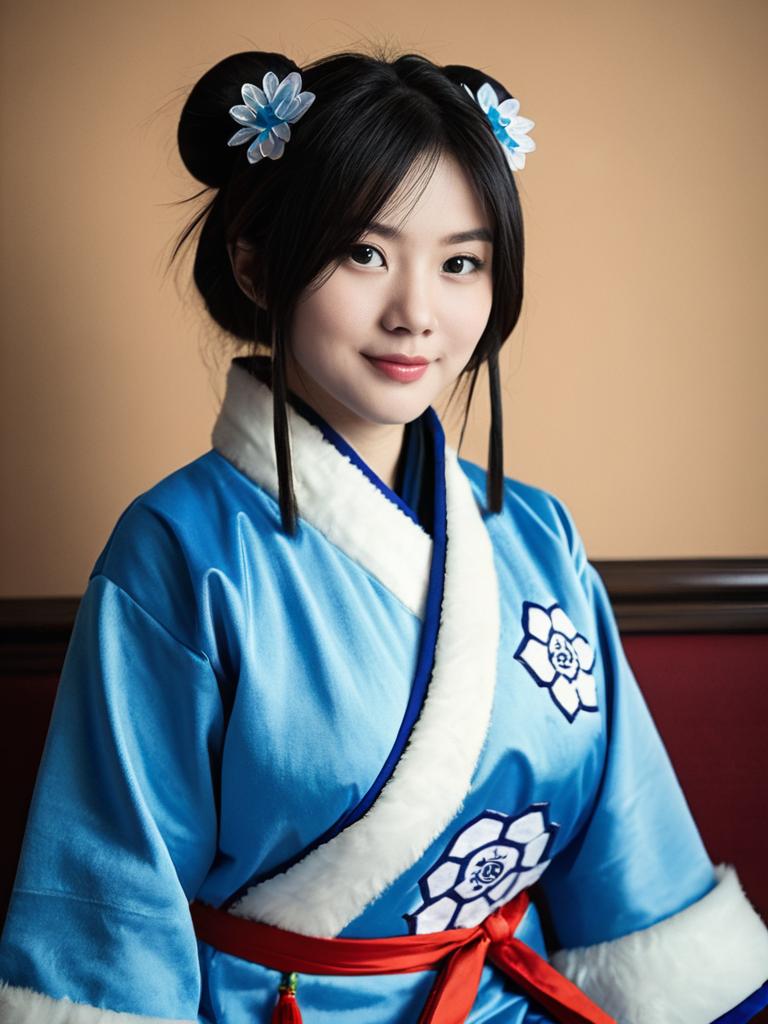Realistic Mei-Ling Zhou Cosplay Featuring Woman in Blue Traditional Costume