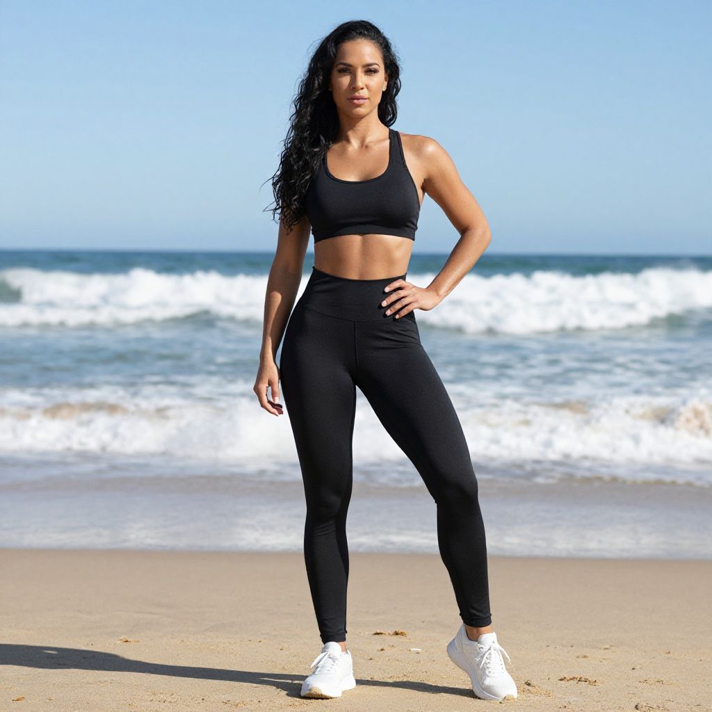 Confident Woman in Black Athletic Wear on Beach Fitness Lifestyle