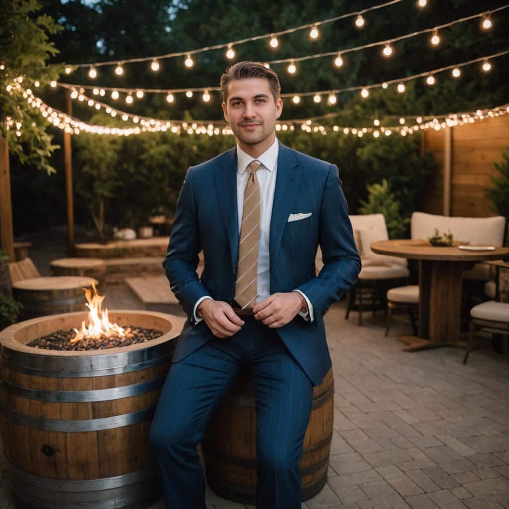 Confident Man in Blue Suit by Fire Pit