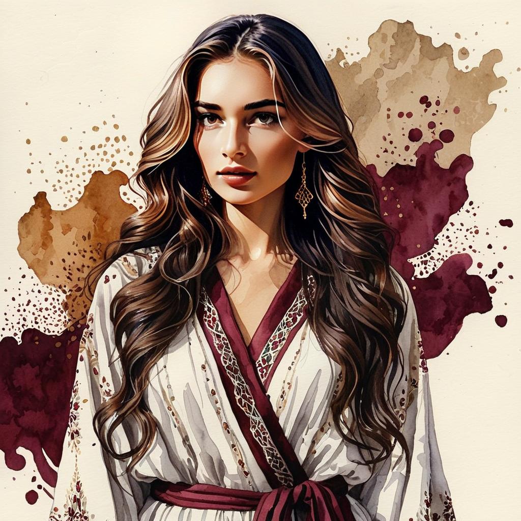 Realistic Digital Portrait of Woman in Patterned Robe with Watercolor Background