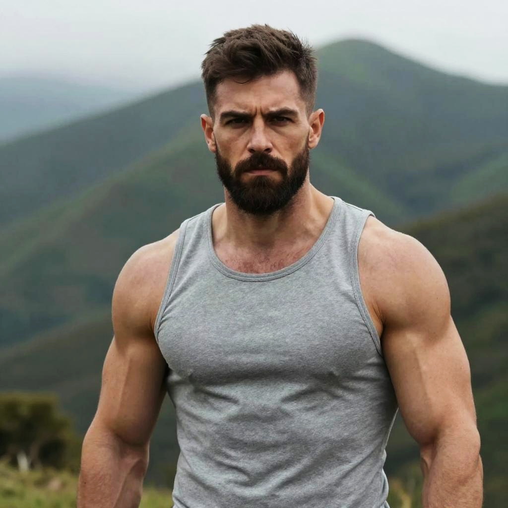 Muscular Man in Grey Tank Top Outdoors with Mountain Background