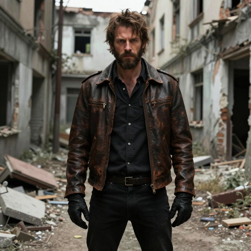 Rugged Man in Leather Jacket Standing in Abandoned Urban Ruins
