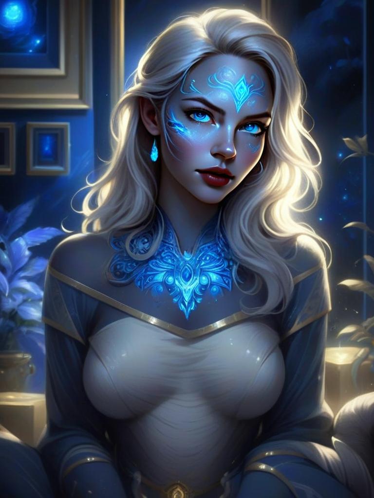 Ethereal Woman with Platinum Hair in Blue Glow