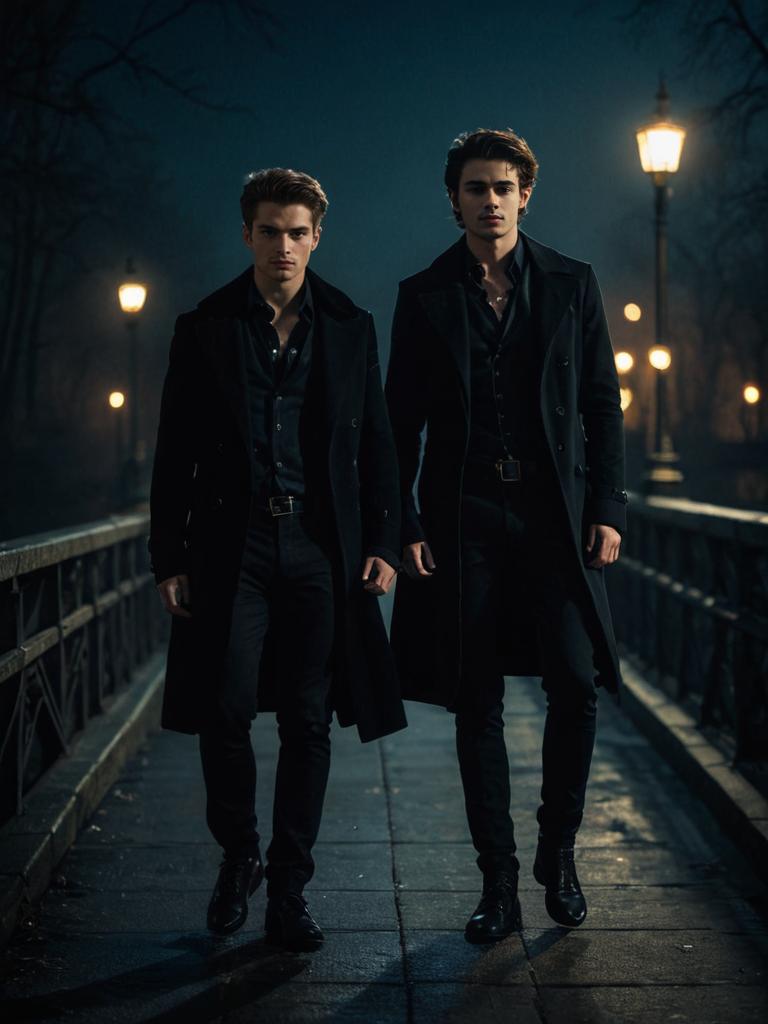 Nocturnal Mood: Human and Vampire on a Bridge