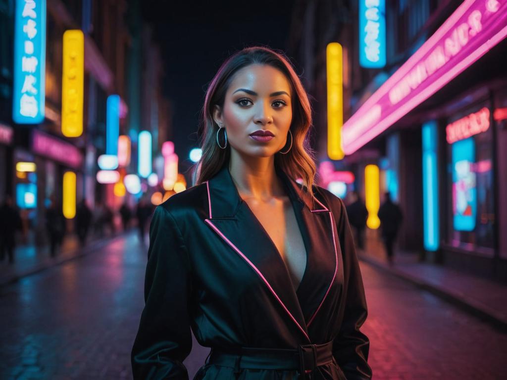 Confident Woman in Stylish Outfit at Night