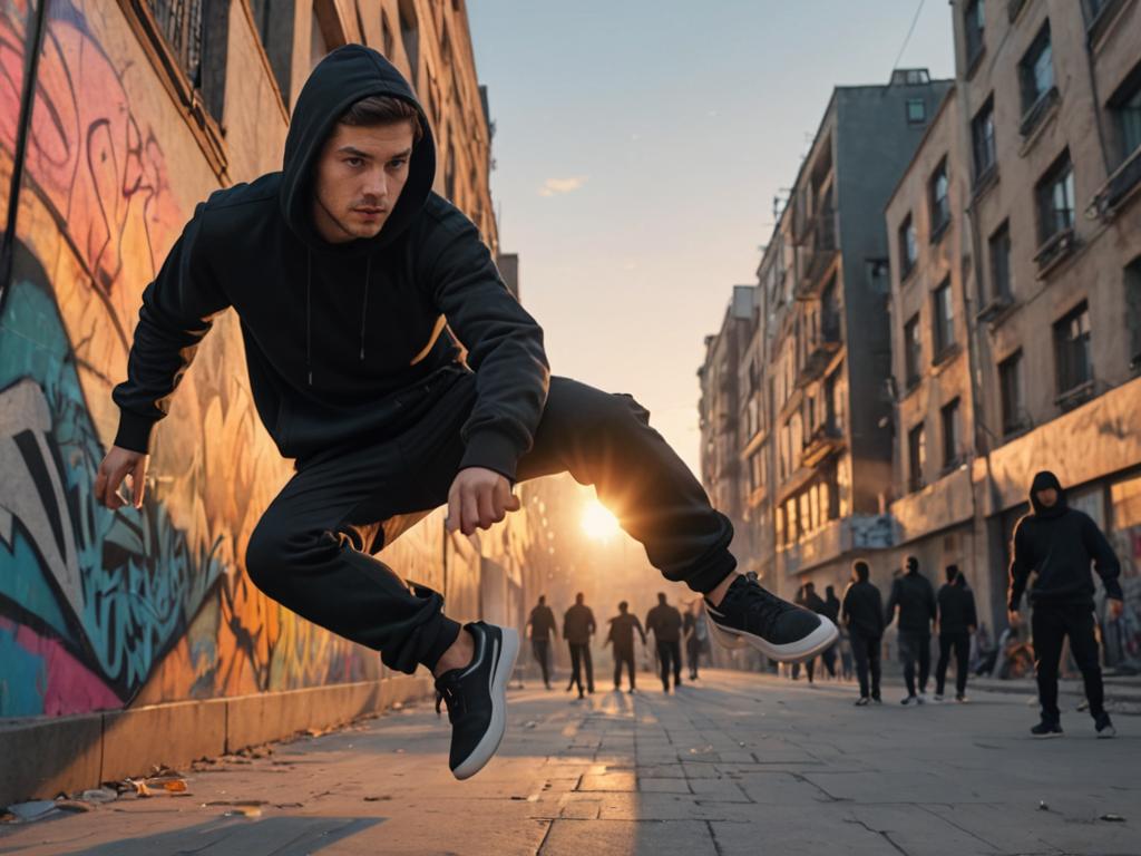 Man Leaping in Urban Sunset with Motion Blur