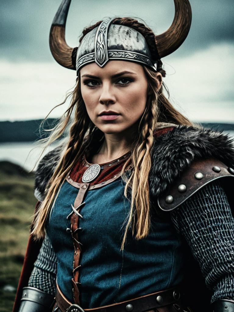 Woman in Viking Warrior Costume with Horned Helmet and Fur Cloak Cinematic Realism Photo Woman in Viking Warrior Costume with Horned Helmet and Fur Cloak Cinematic Realism Photo