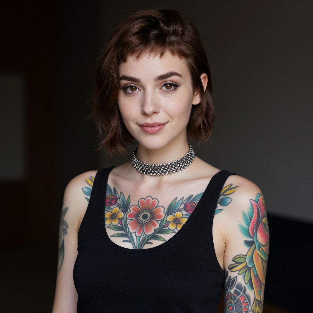 Young Woman with Colorful Floral Tattoos and Choker Necklace in Black Tank Top