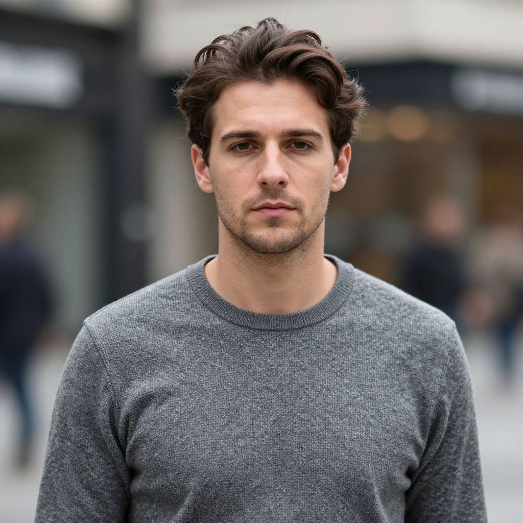Serious Young Man Wearing Gray Sweater in Urban Setting