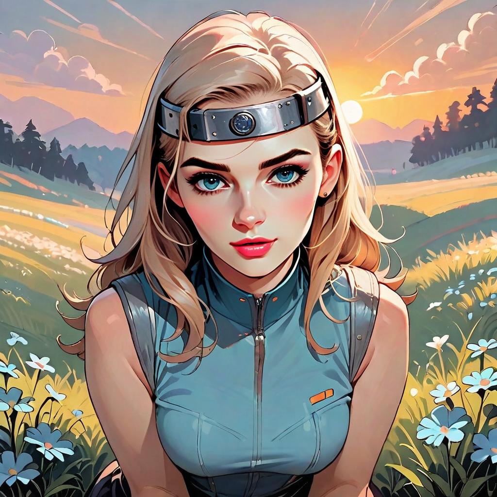 Digital Illustration of Blonde Woman in Futuristic Outfit at Sunset Landscape
