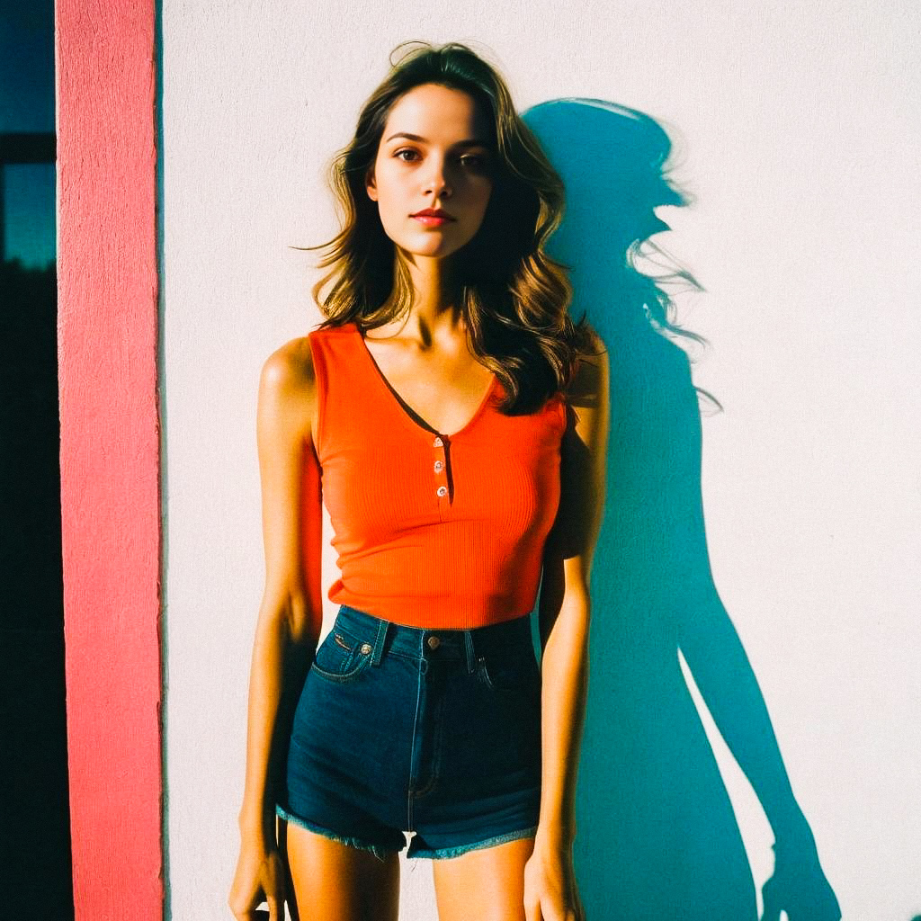 Young Woman in Orange Top Against Pink Wall Young Woman in Orange Top Against Pink Wall