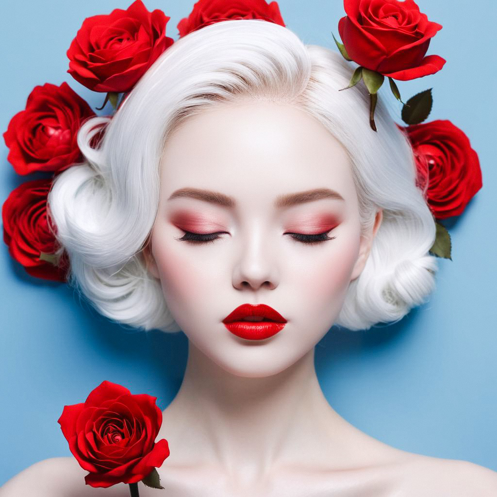 Elegant Woman with Platinum Blonde Hair and Red Roses