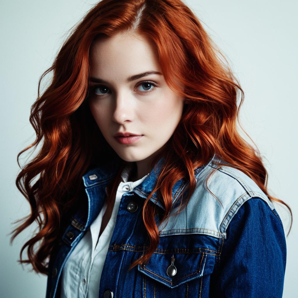 Young Woman with Red Hair in Denim Jacket