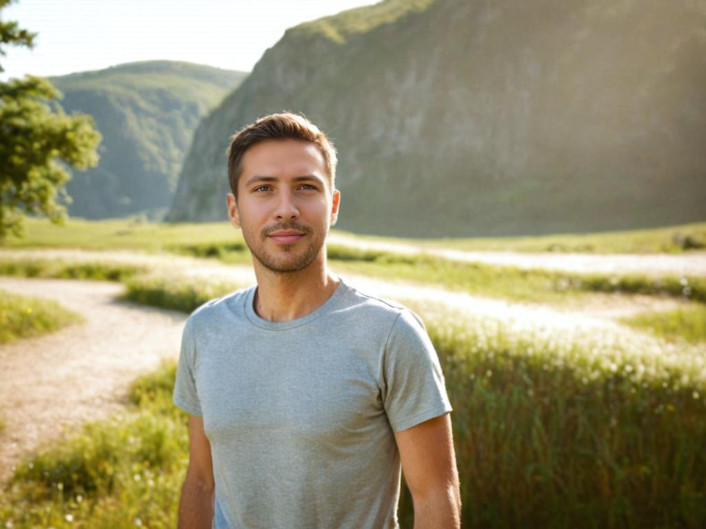 Man in Grey T-Shirt in Scenic Landscape