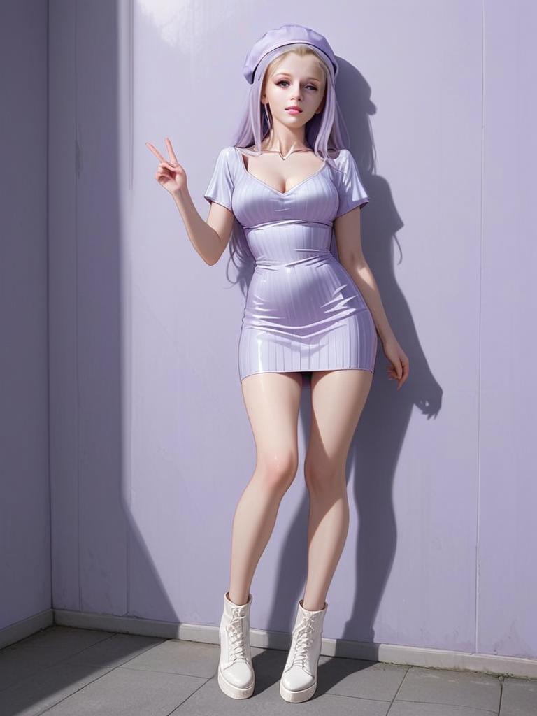 Contemporary Chic Woman in Fitted Lilac Mini Dress with Beret and Boots