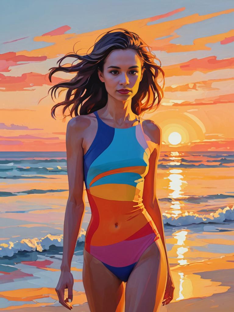 Pixellated Woman on Beach at Sunset in Colorful Swimsuit