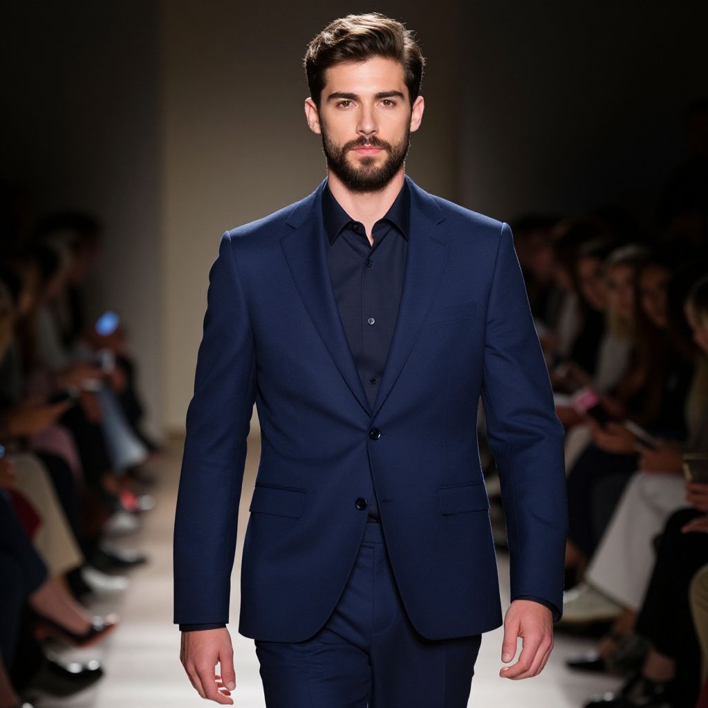 Man in Navy Blue Suit on Fashion Runway