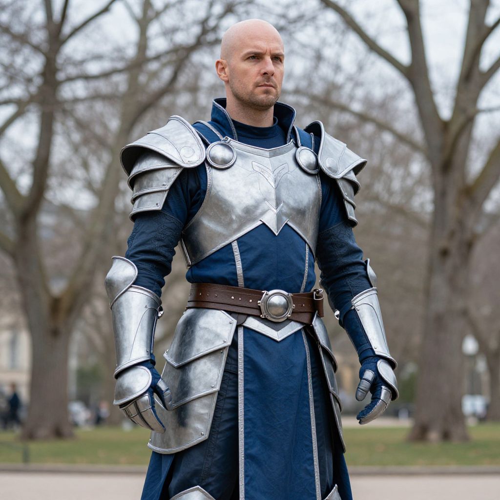 Man in Medieval Silver Armor Costume Outdoors
