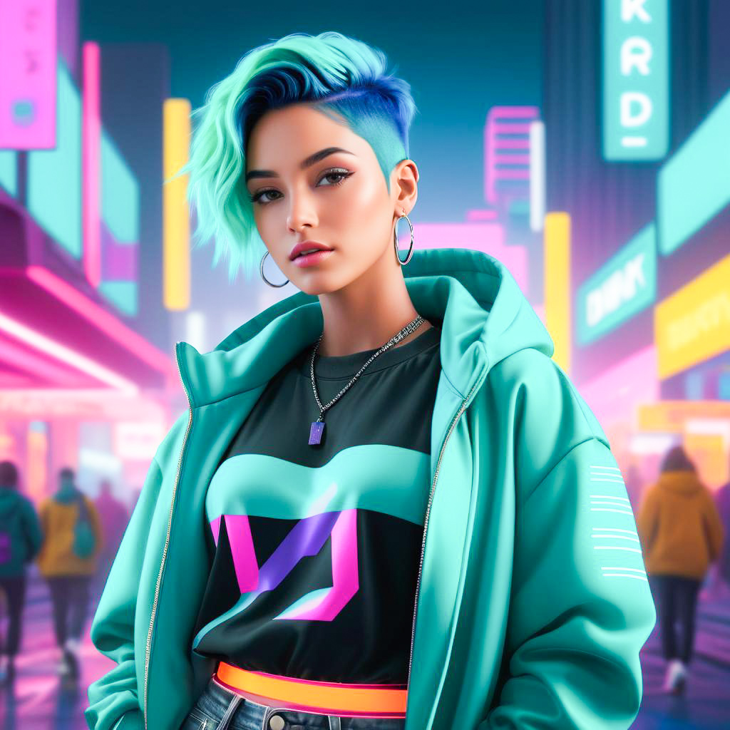 Stylish Woman with Green and Blue Hair in Futuristic City