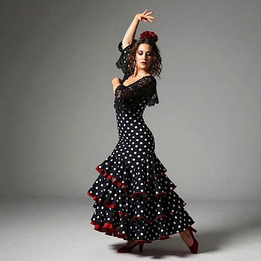 Elegant Flamenco Woman in Polka Dot Dress Performing Traditional Dance