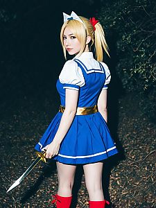 Sexy Realistic Lucy Heartfilia Cosplay Woman in Blue Sailor Costume Holding Sword