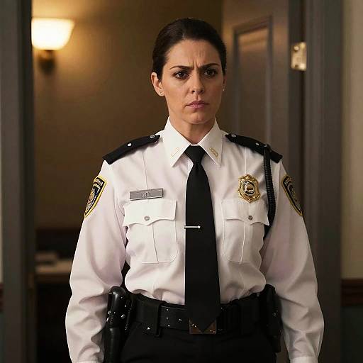 Serious Woman Police Officer in Uniform Standing Indoors