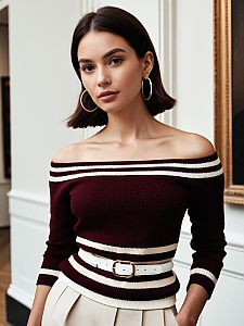 Young Woman Wearing Burgundy Off-Shoulder Sweater Fashion Portrait