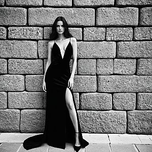 Elegant Woman in Black Gown Against Stone Wall