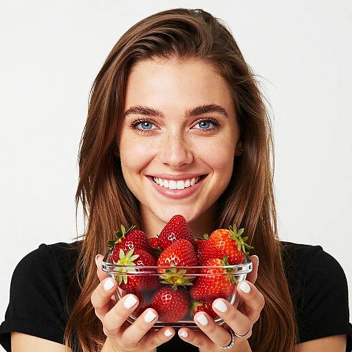 Young Woman Holding Fresh Strawberries Bowl - Healthy Lifestyle Stock Photo