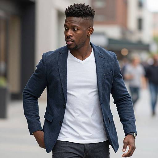 Confident Young Man in Navy Blazer Walking on Urban Street