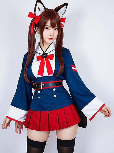 Akagi Azur Lane Cosplay Woman in Navy and Red Outfit with Fox Ears