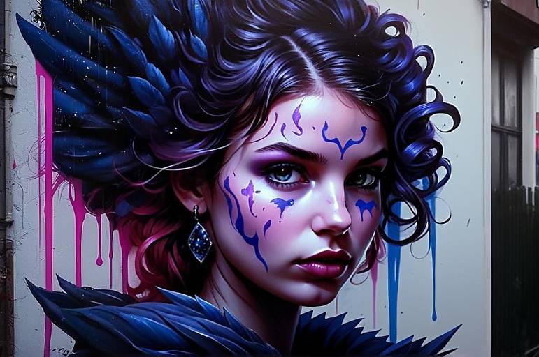 Fantasy Woman Street Art Mural with Blue and Purple Hair