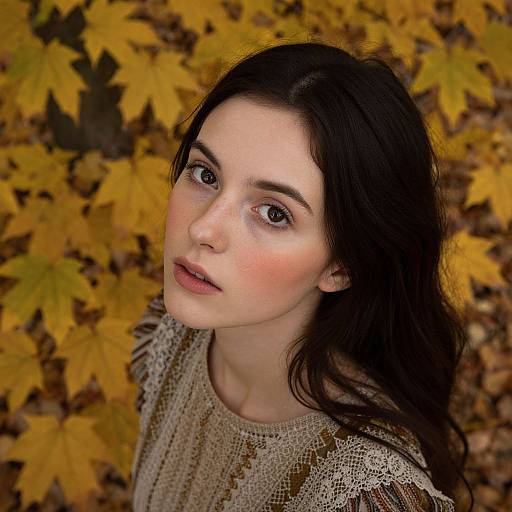 Portrait of Woman in Autumn Leaves Wearing Vintage Knit Top
