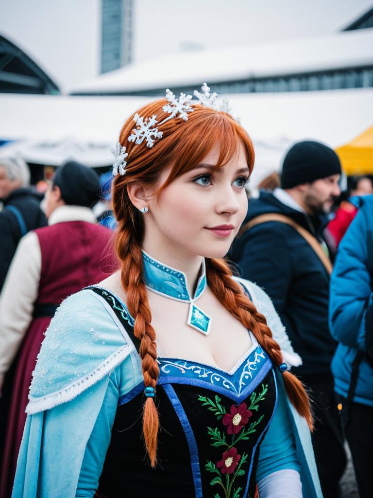 Woman in Detailed Costume with Red Hair at Outdoor Festival